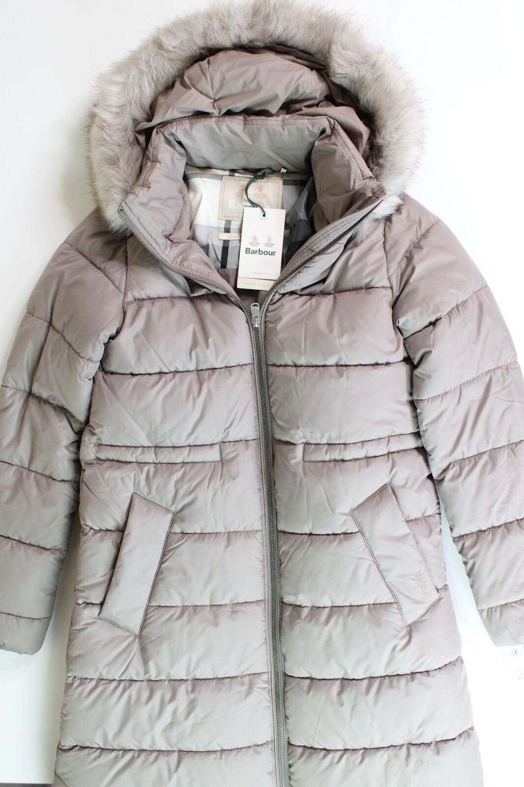 Barbour Womens Francesca Faux Fur Trim Hooded Puffer Coat UK 8 US 4 Tan
