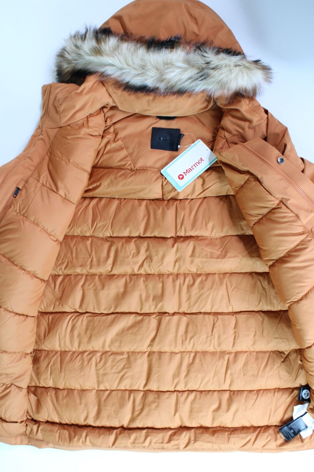 MARMOT Men's Yukon II Down Parka Coat Large Copper Orange Faux Fur Trim