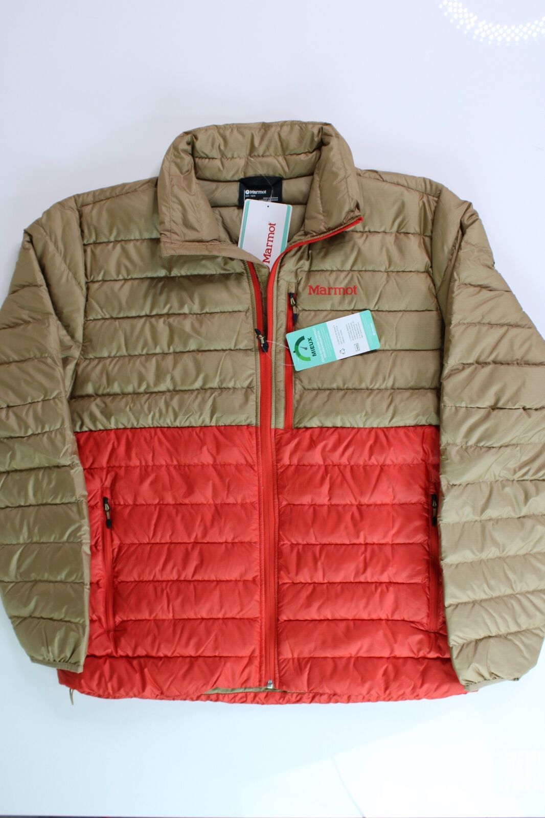 Marmot Men's HIghlander Down Puffer Jacket Large Shetland Tan / Cairo Orange