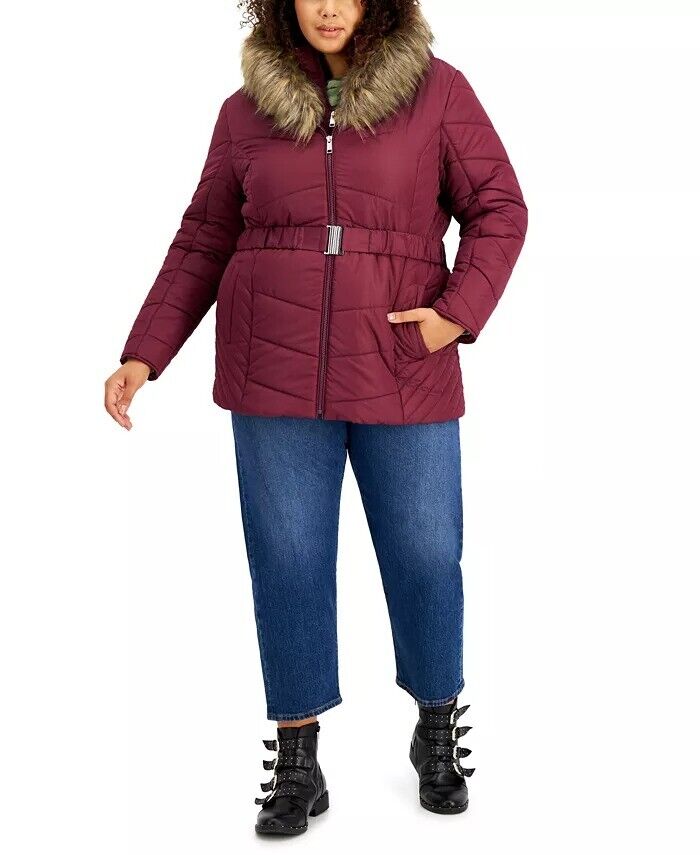 MARALYN & ME Trendy Plus Size Faux-Fur-Trim Hooded Puffer Coat 2X Purple