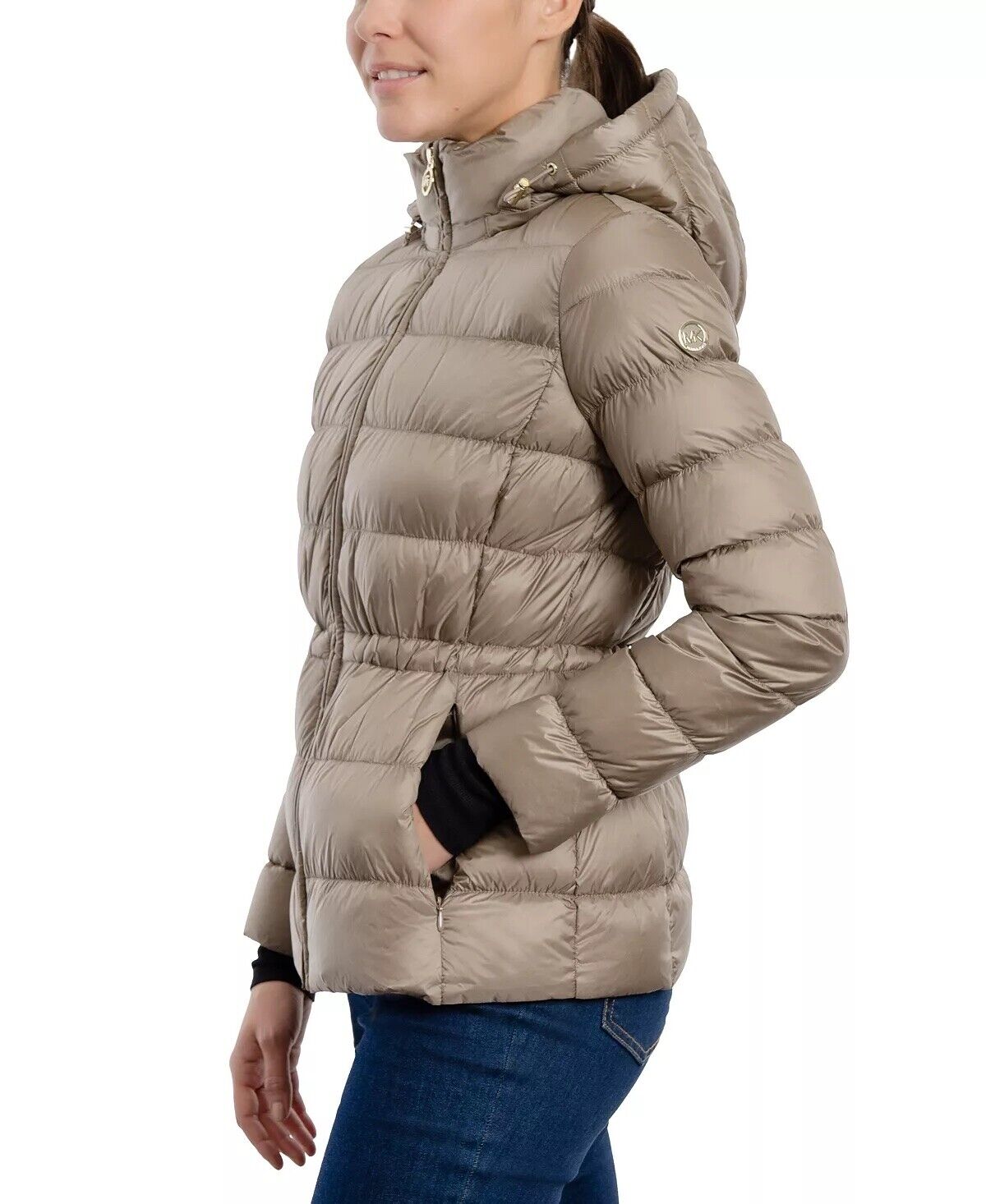 Michael Kors Women's DOWN Hooded Zip Up Puffer Coat Taupe Small