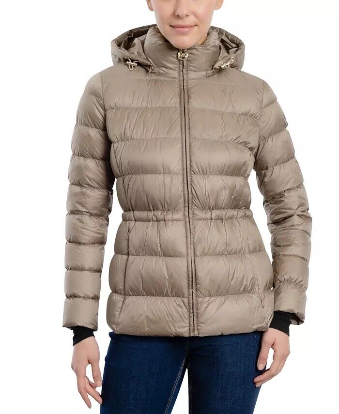 Michael Kors Women's DOWN Hooded Zip Up Puffer Coat Taupe Small