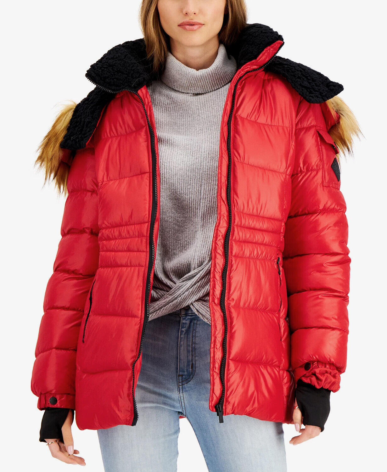 Steve Madden Juniors' Girls Faux-Fur-Trim Hooded Shine Puffer Coat Red Small