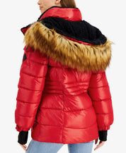 Steve Madden Juniors' Girls Faux-Fur-Trim Hooded Shine Puffer Coat Red Small