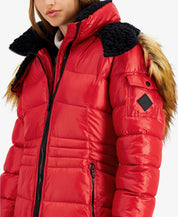Steve Madden Juniors' Girls Faux-Fur-Trim Hooded Shine Puffer Coat Red Small