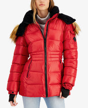 Steve Madden Juniors' Girls Faux-Fur-Trim Hooded Shine Puffer Coat Red Small