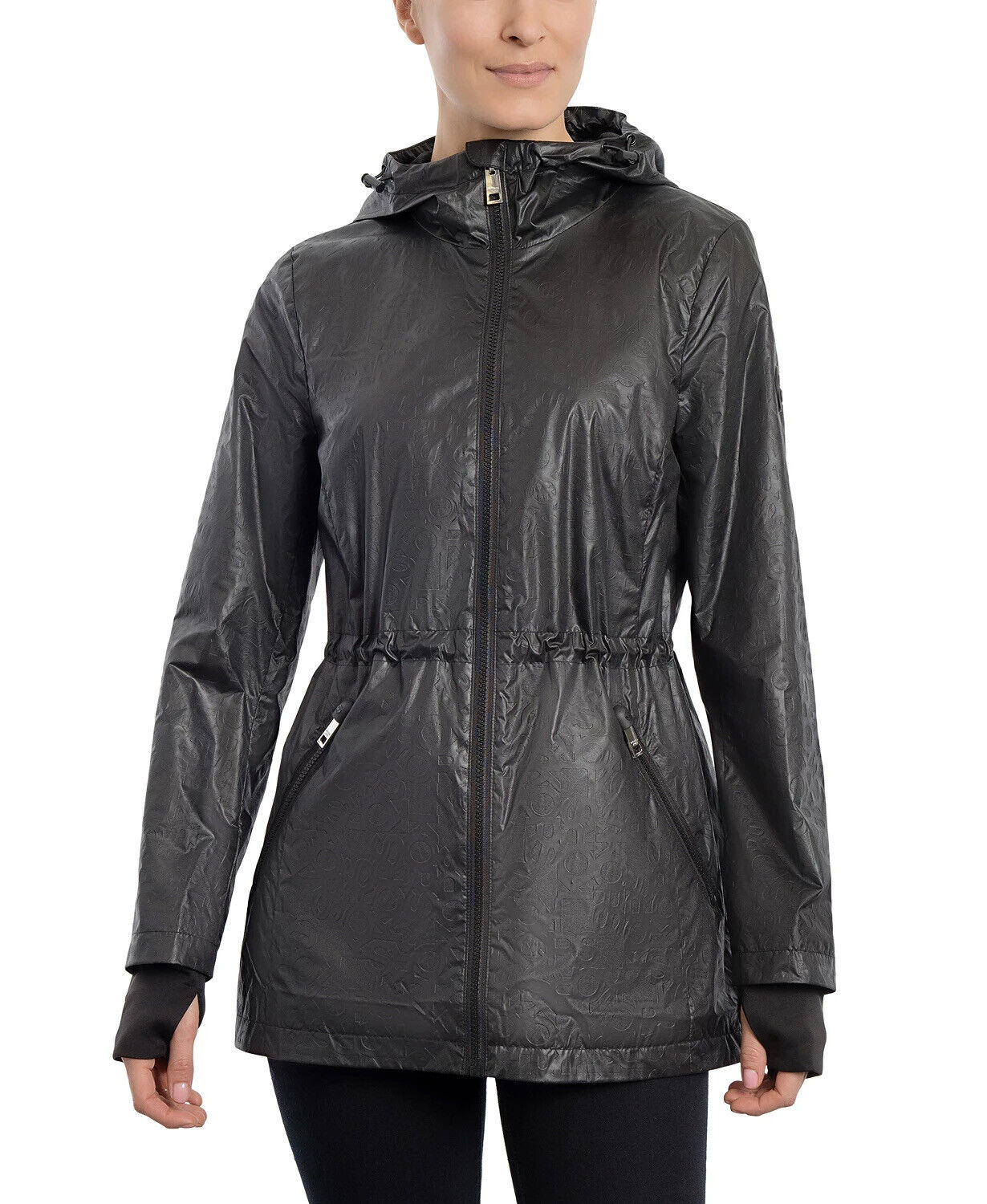 MICHAEL KORS Women's Hooded Anorak Zip Raincoat Coat Shimmery Black Large