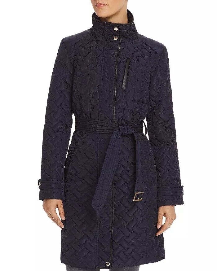 Cole Haan Signature Womens Quilt Belted Coat Large Navy Blue