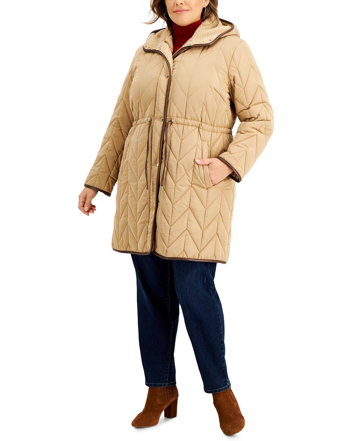 Vince Camuto Women's Plus Size Hooded Quilted Coat 2X Camel Brown