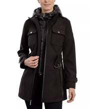 Michael Kors Women's Hooded Belted Raincoat Coat Large Black Softshell