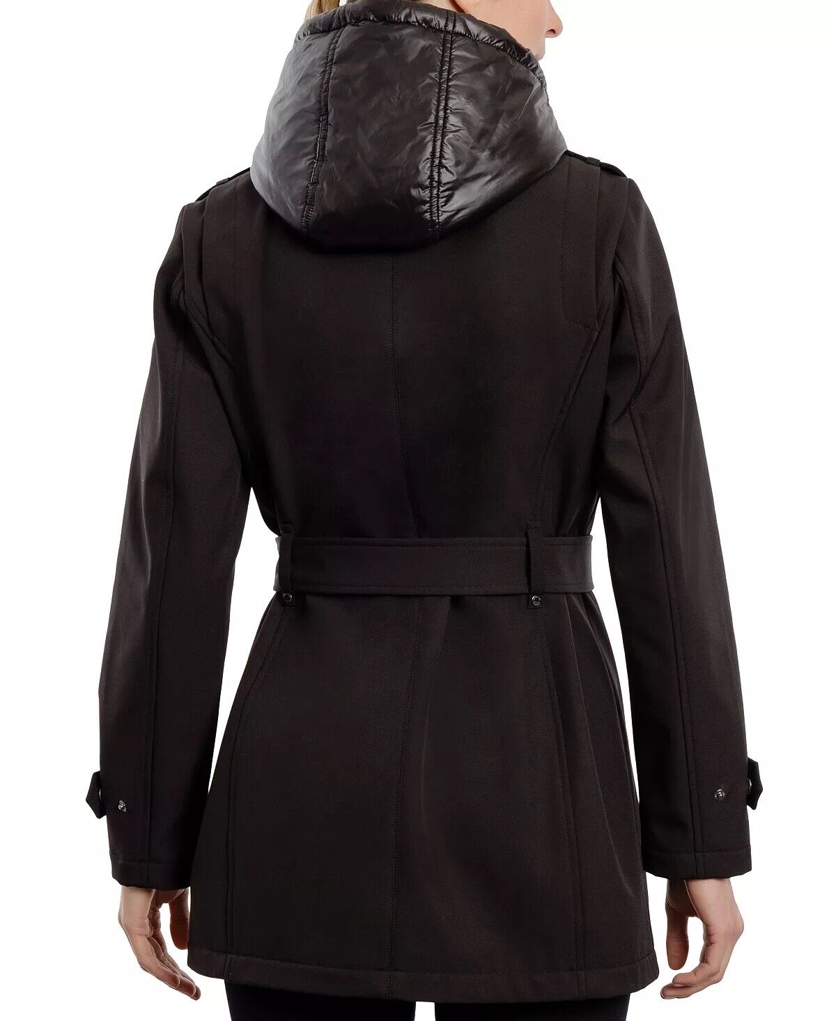 Michael Kors Women's Hooded Belted Raincoat Coat Large Black Softshell