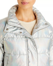 AQUA Womens Cropped Puffer Jacket Omber Shiny Silver XL