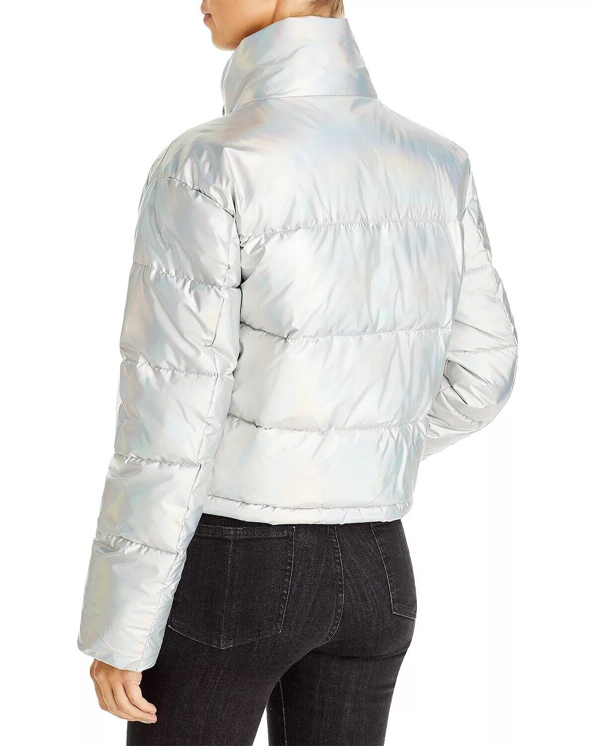 AQUA Womens Cropped Puffer Jacket Omber Shiny Silver XL