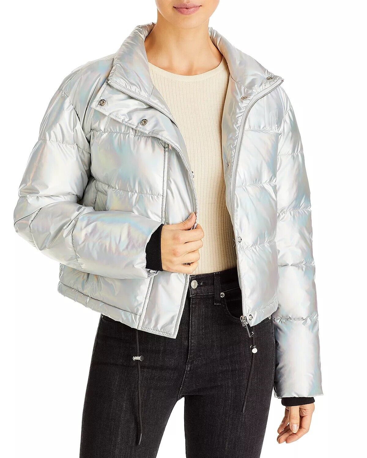 AQUA Womens Cropped Puffer Jacket Omber Shiny Silver XL