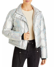 AQUA Womens Cropped Puffer Jacket Omber Shiny Silver XL