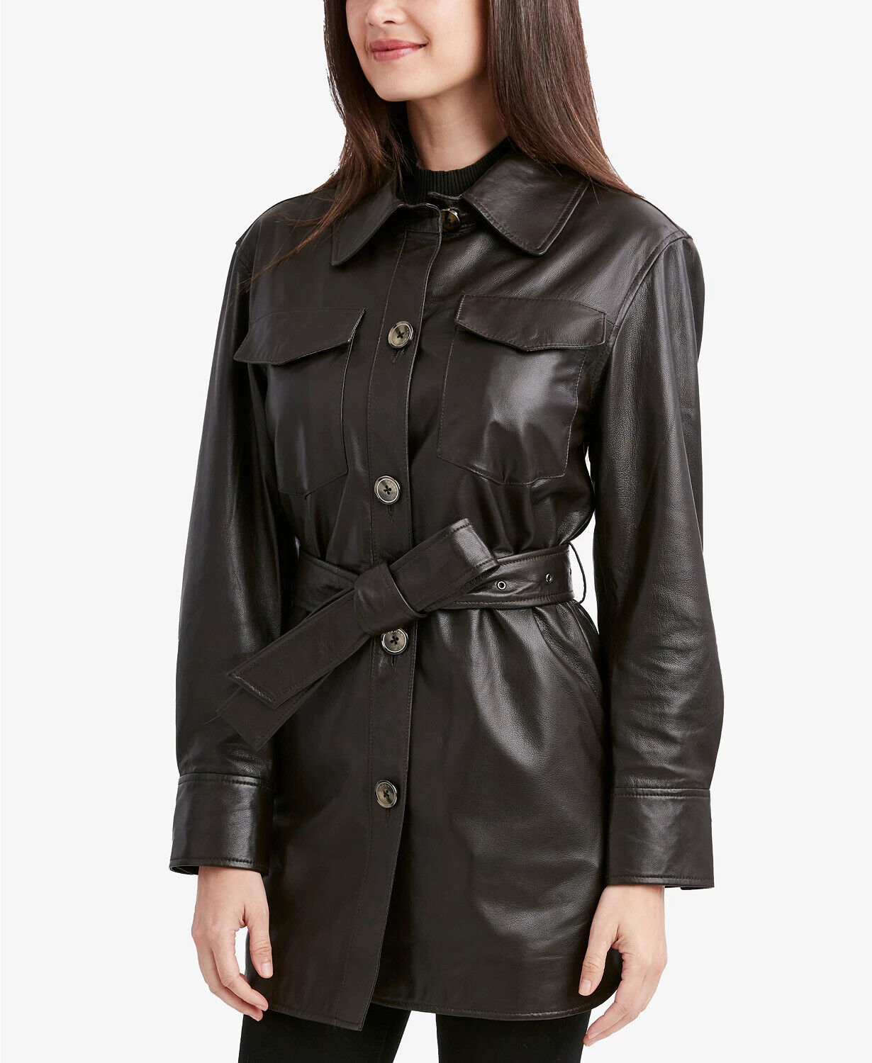 Tahari Women's Liv Leather Shirt Jacket Belted XL Chocolate Brown