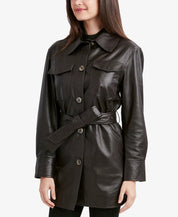 Tahari Women's Liv Leather Shirt Jacket Belted XL Chocolate Brown