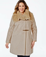 Calvin Klein Womens Faux-Shearling Asymmetrical Buckled Coat Medium Light Brown