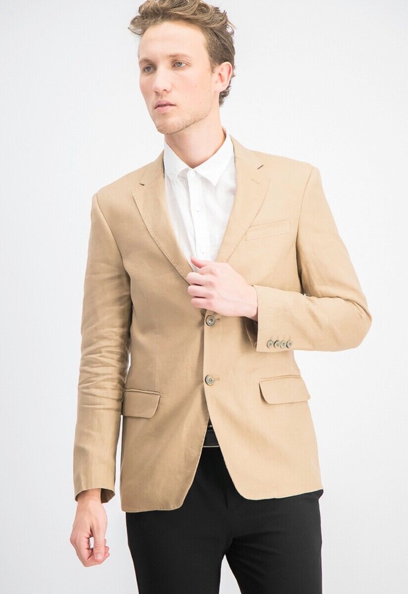 Tasso Elba Men's 100% Linen 2-Button Blazer Sport Coat Small Safari Tan