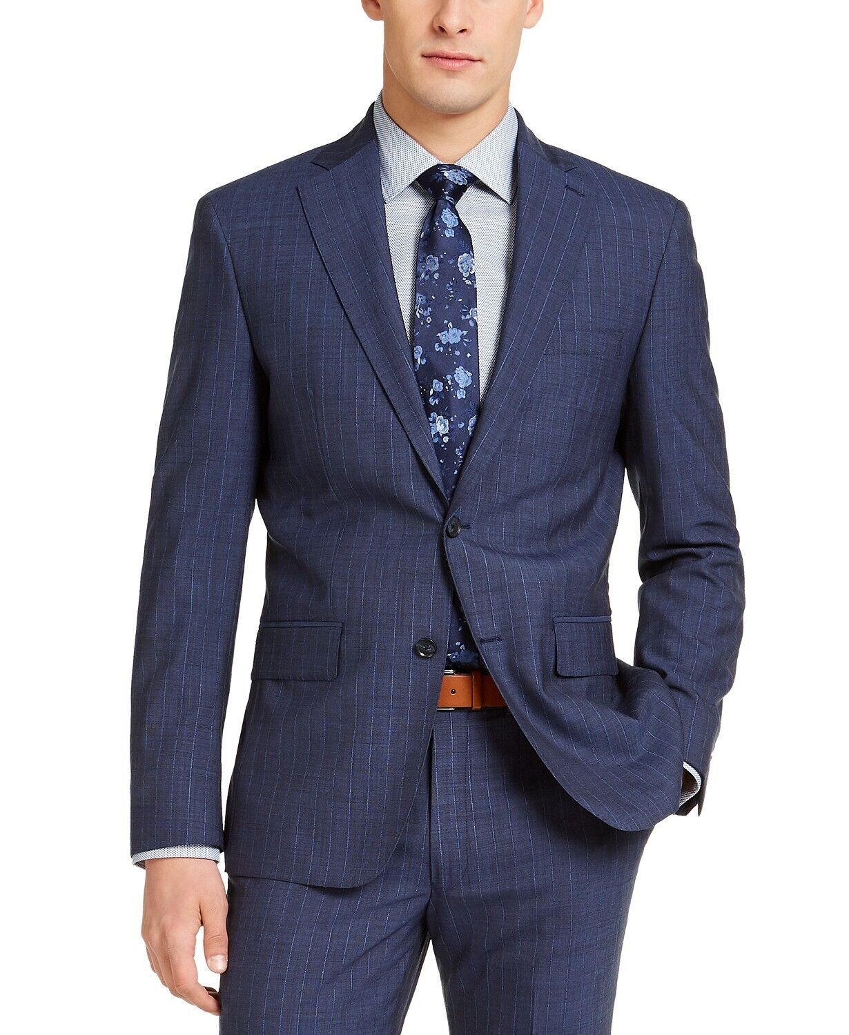 DKNY Men's Slim-Fit Stretch Suit Jacket Navy Blue Stripe Suit Jacket 42S