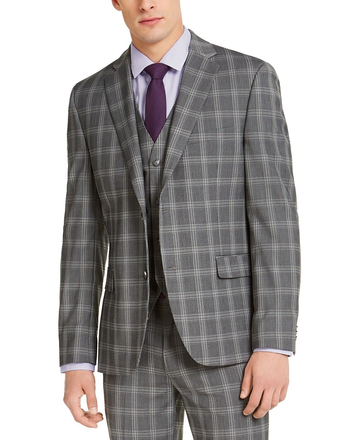 Alfani Men's Slim-Fit Stretch Gray Plaid Suit Jacket 38S