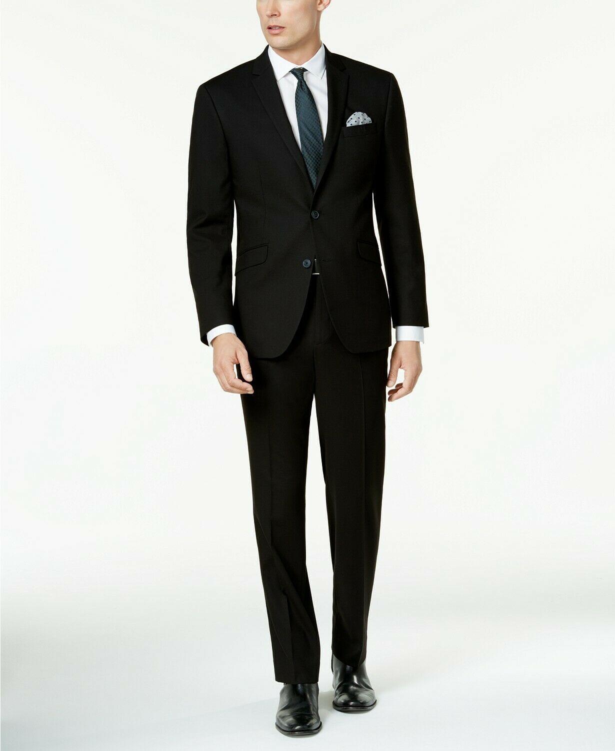 Kenneth Cole Mens Slim Fit 2 Piece Suit 40 R / 33 Waist Black Solid Stretch