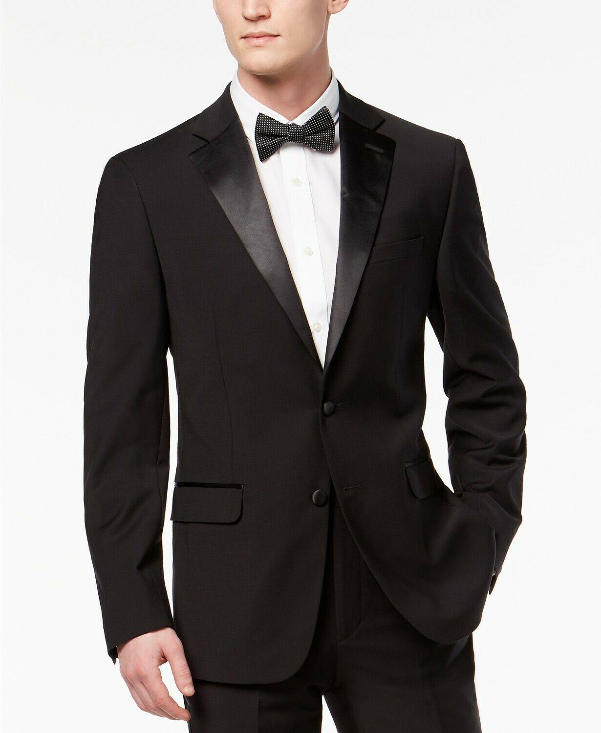 Calvin Klein Mens Slim fit Wool Tuxedo Jacket Blazer 46 L Black Solid Stretch
