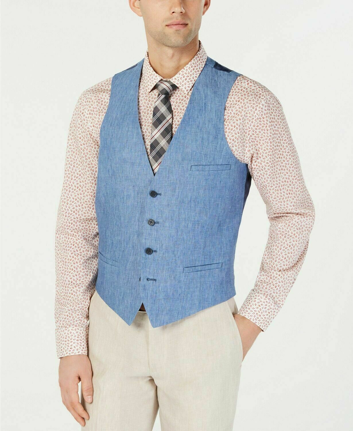 Bar III Mens Slim Fit Chambray Linen Blue Suit Vest Large