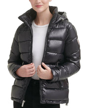GUESS Womens Hooded Shine Puffer Coat Black Solid XL