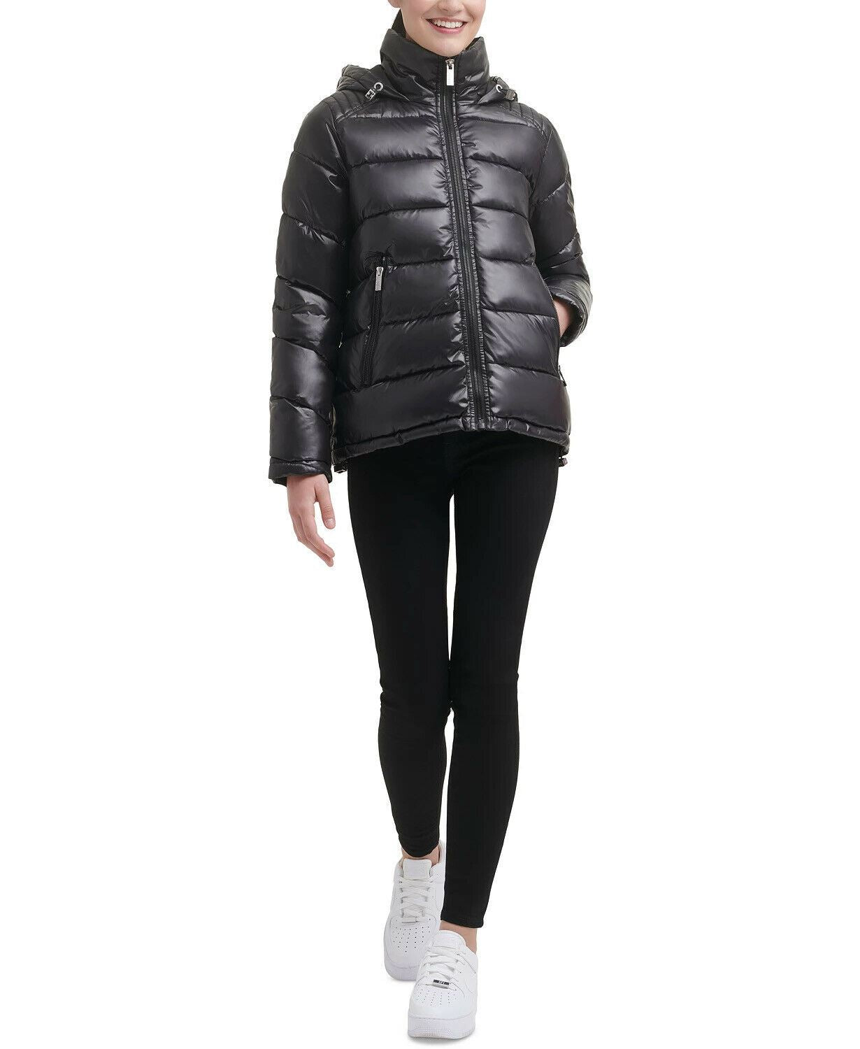 GUESS Womens Hooded Shine Puffer Coat Black Solid XL