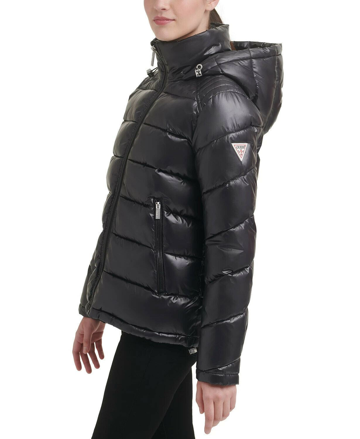 GUESS Womens Hooded Shine Puffer Coat Black Solid XL