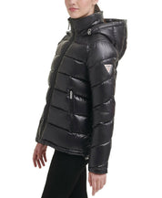 GUESS Womens Hooded Shine Puffer Coat Black Solid XL
