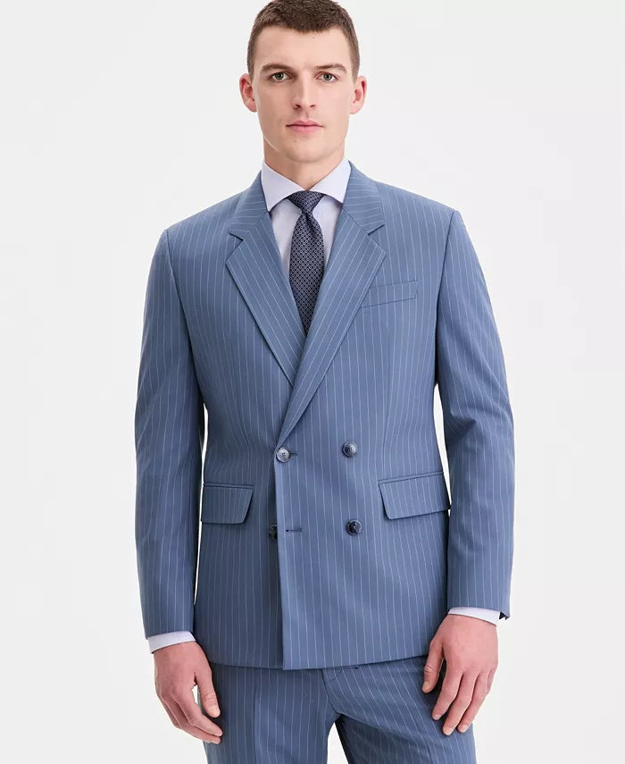 Hugo Boss Mens Modern Wool Double Breasted Suit Jacket Blazer 42 R Blue Striped