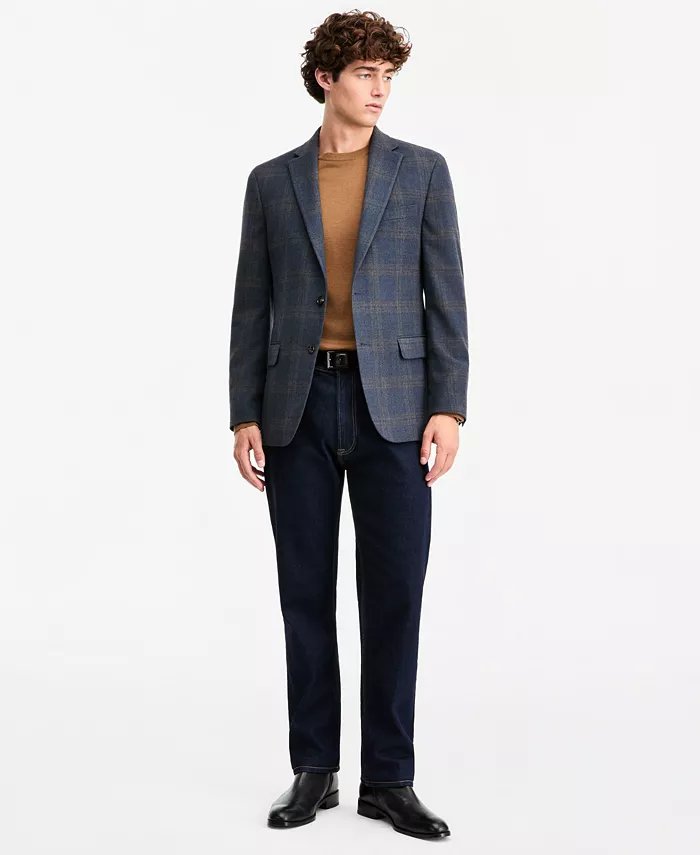 Tommy Hilfiger Mens Modern fit Sport Coat Blazer 40 S Navy Blue Brown Plaid