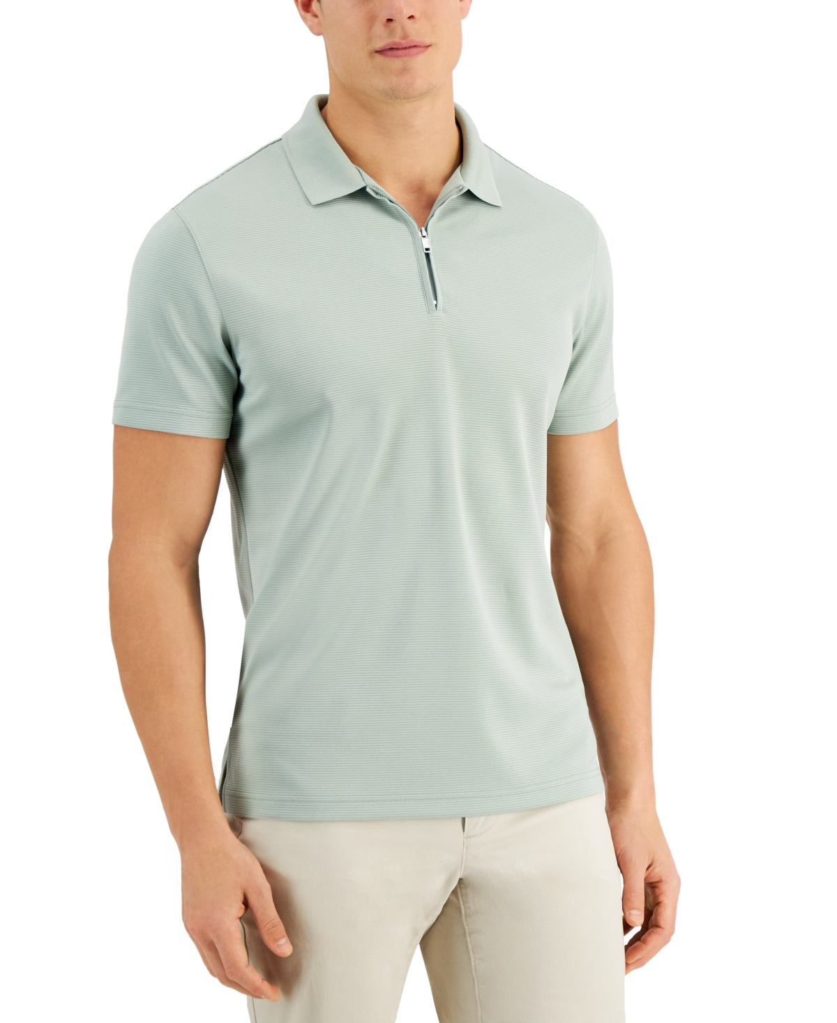 Alfani Men's Ottoman Zip Short Sleeve Polo Shirt  Gray Sage Large