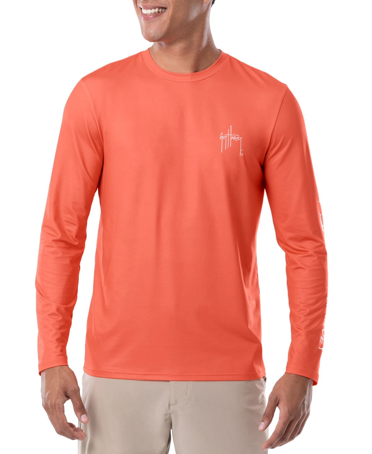 Guy Harvey Men's Solid Long Sleeve Sun Protection T-shirt Coral Medium