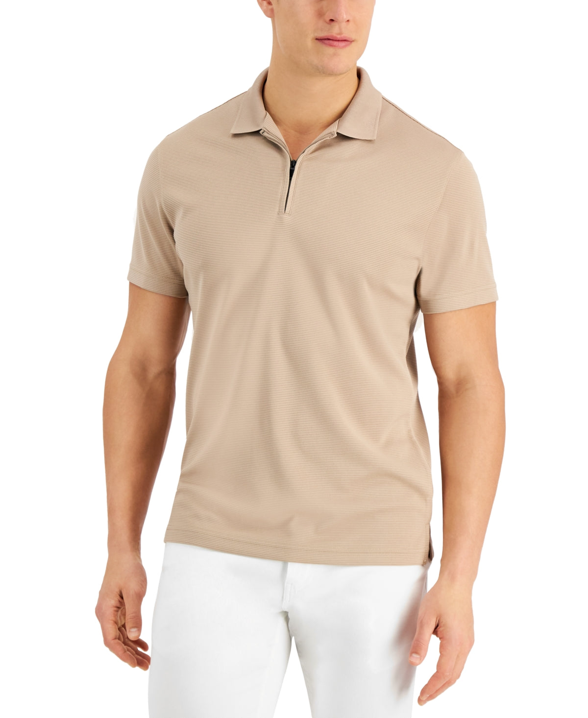 Alfani Men's Ottoman Zip Polo Shirt Sand Dust Lt/Pas brown Small