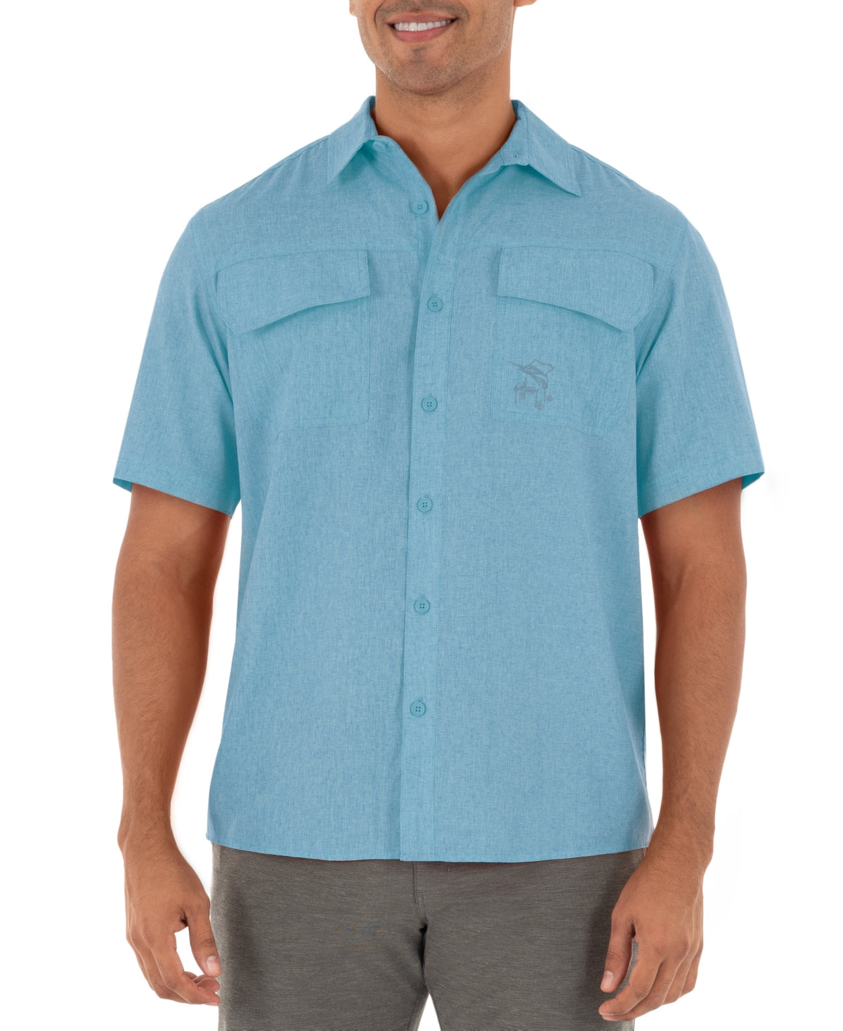 Guy Harvey Men's Heathered Short Sleeve Button Down Fishing Shirt Blue Medium