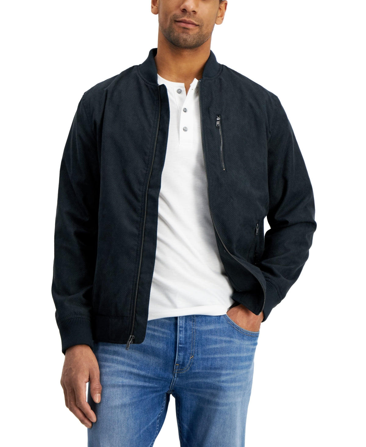 Alfani Mens Perforated Bomber Jacket Small Black