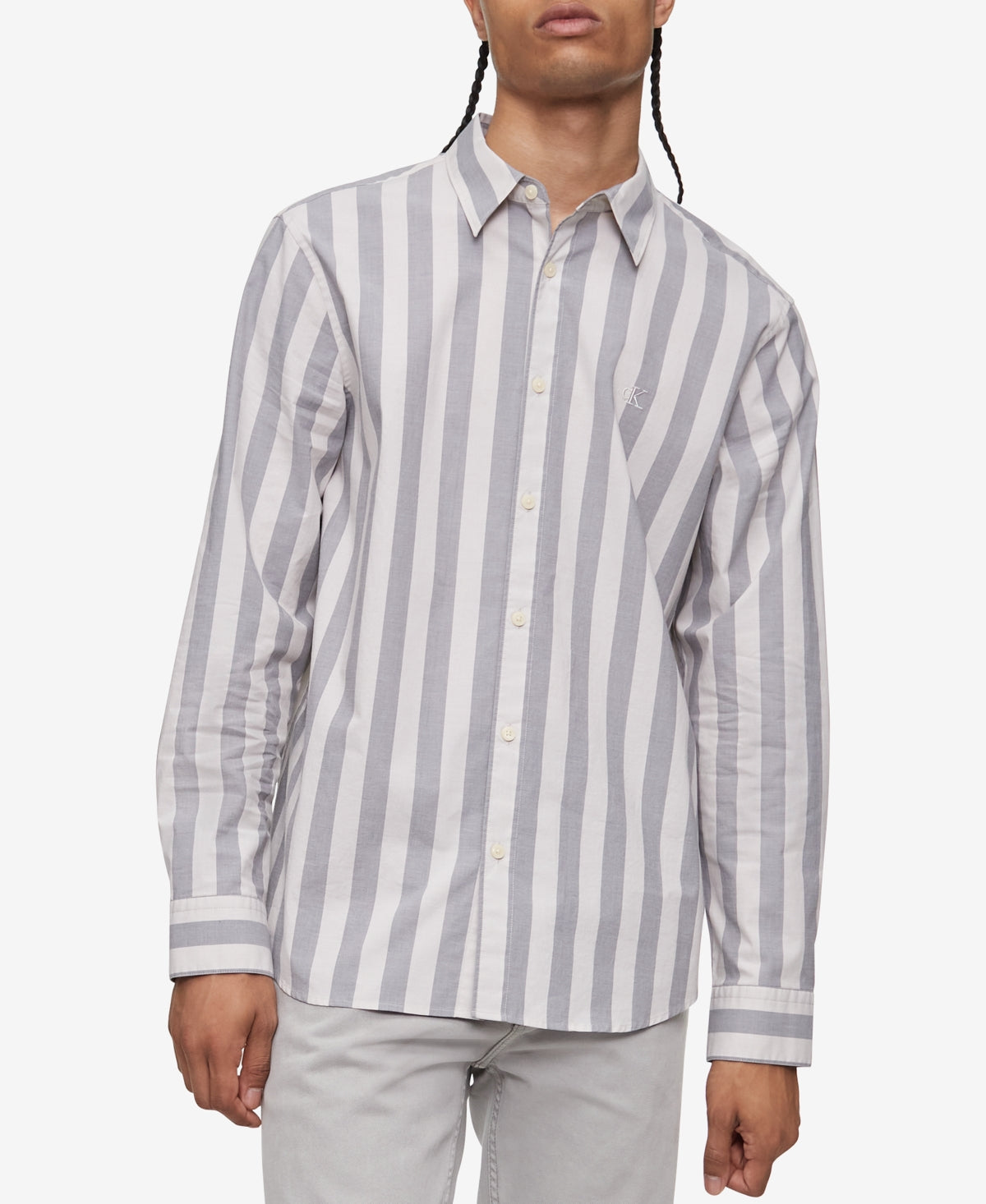 Calvin Klein Men's Broad Stripe Button Down Shirt Grey Medium