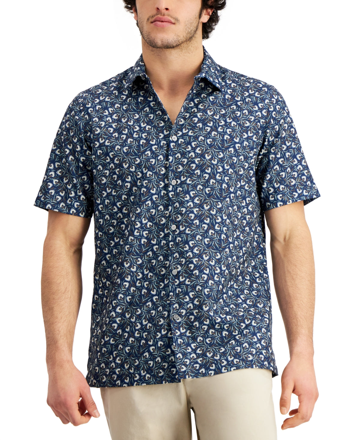 Alfani Mens Floral Print Short Sleeve Button Down  Shirt Navy Blue Small