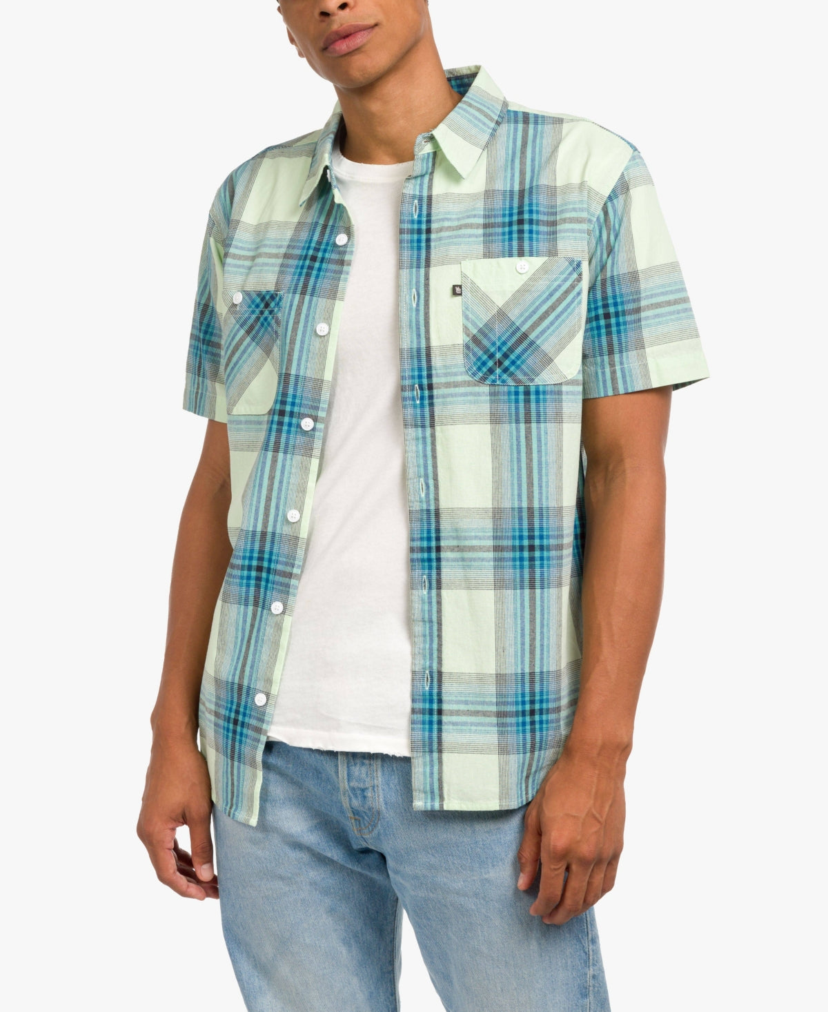Junk Food Clothing Men's Two Pocket Short Sleeve Button Down Shirt Blue Small