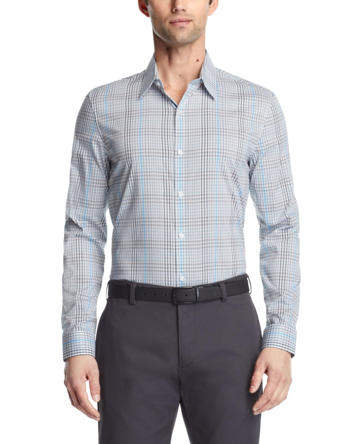 Calvin Klein Mens Stain Shield Button Down Dress Shirt Aqua Blue Multi Medium