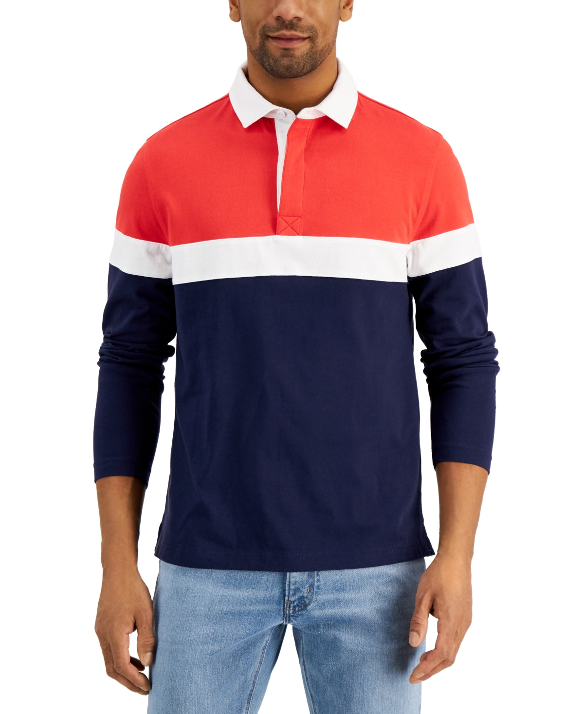 Club Room Mens Regular Fit Red Sunset Colorblock Long Sleeve Polo Shirt Large