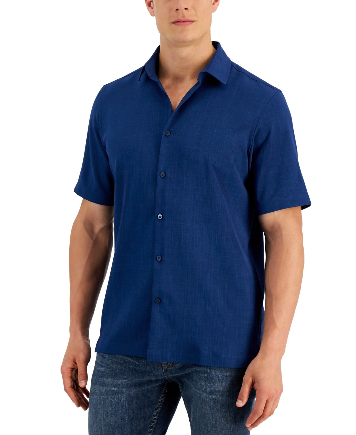 Alfani Men's Solid Short Sleeve Button Shirt Small Dark Blue