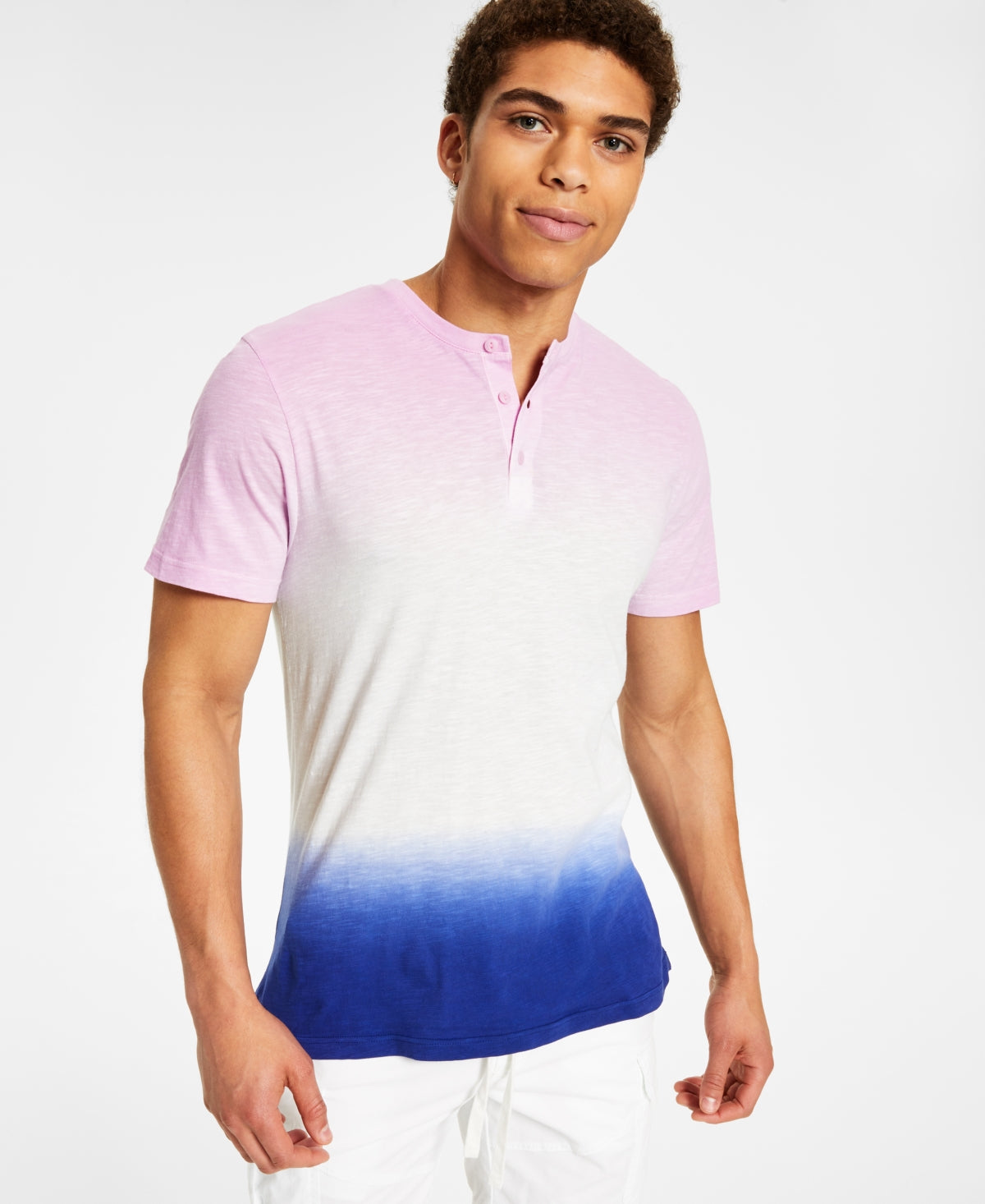 Sun + Stone Men's Ombre Dip dyed Henley Shirt Purple Xl