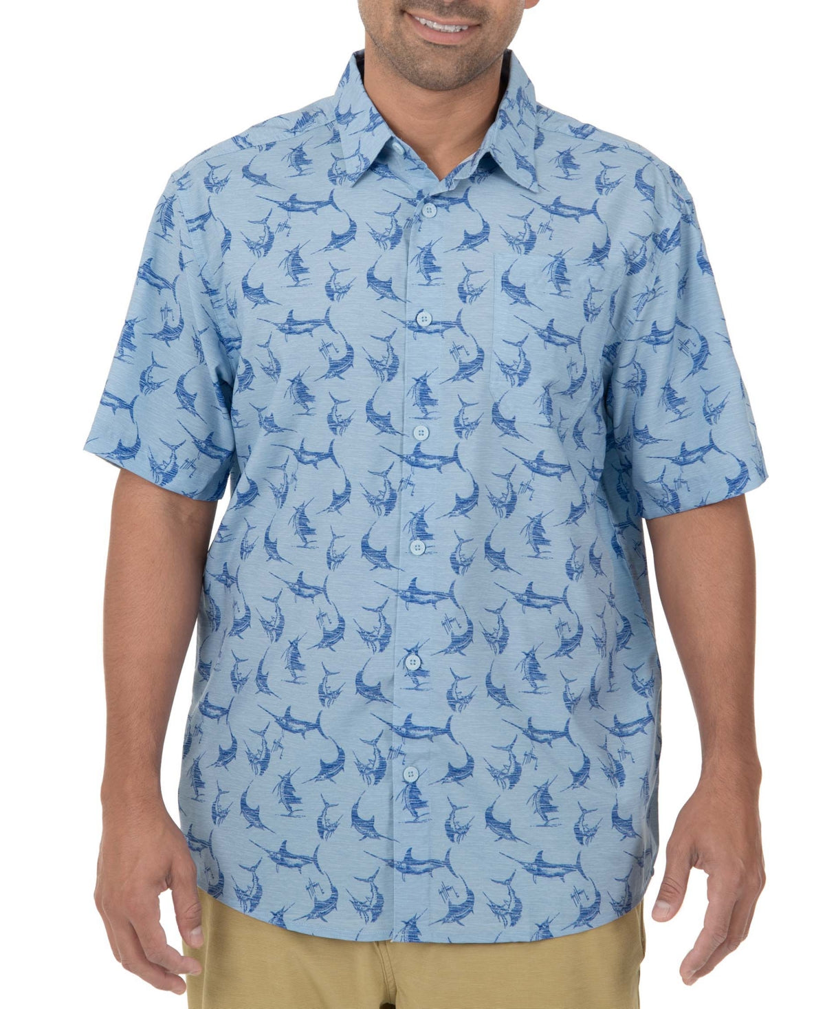 Guy Harvey Mens Fish Billfish Print Short Sleeve Shirt Button Down Blue Medium