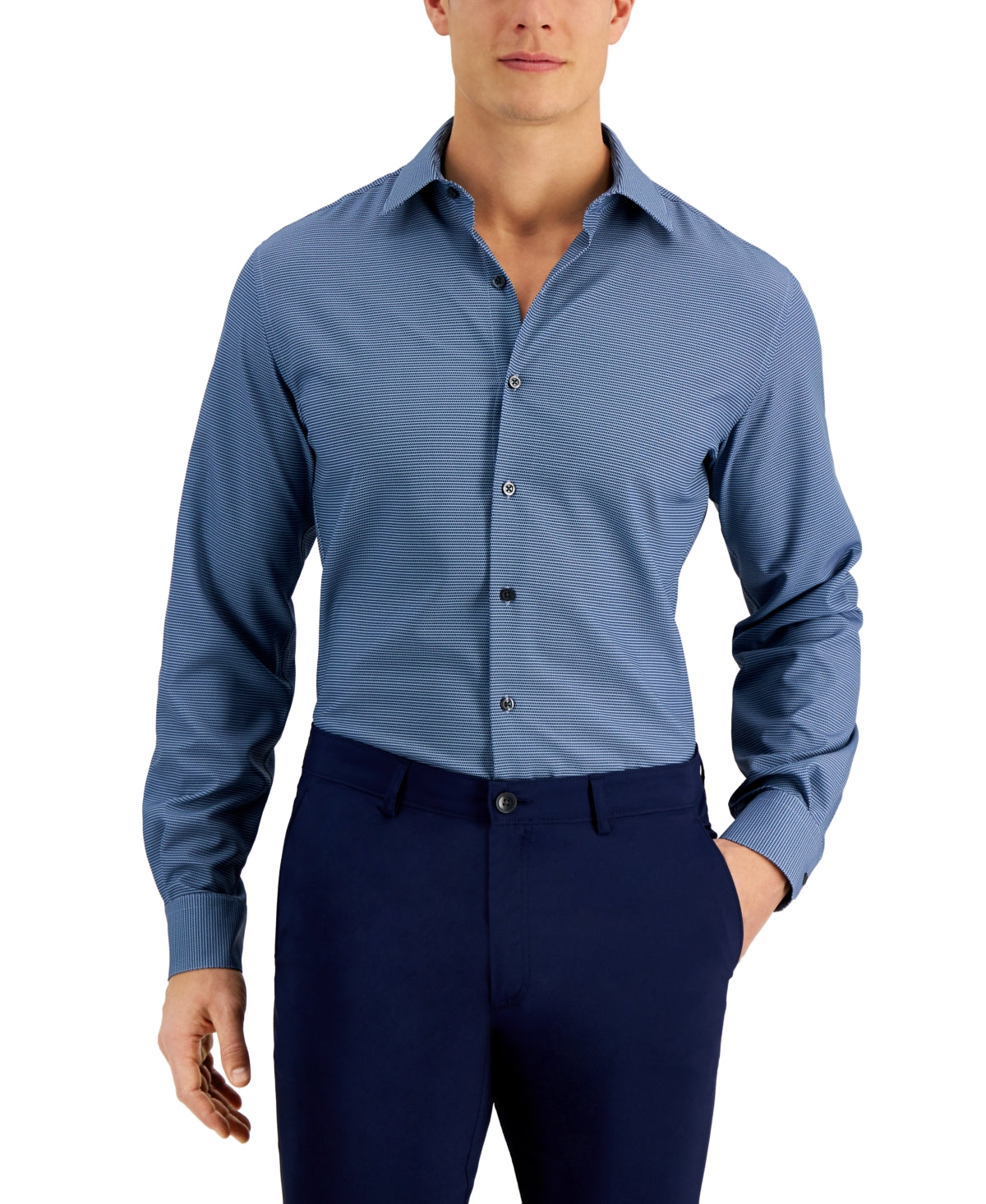 Alfani Men's Slim Fit 4Way Stretch Geo Print Dress Shirt Navy 16 34 35