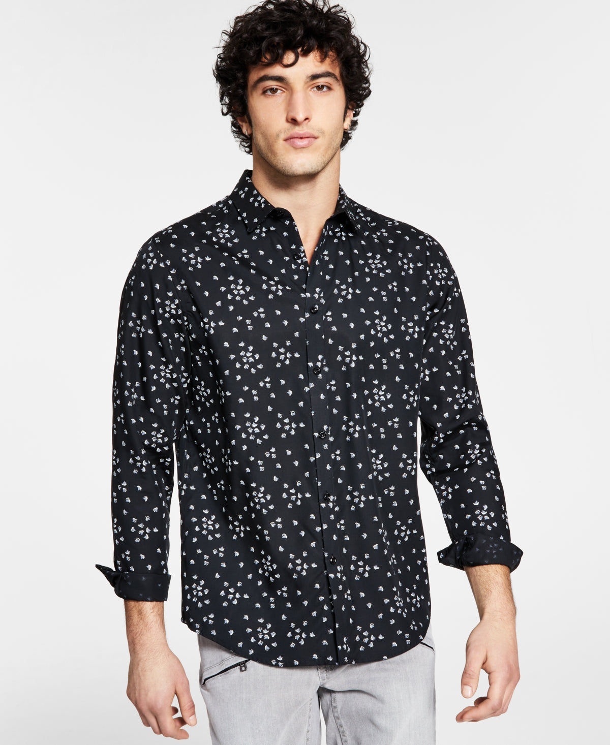 International Concepts Men's Ditsy Floral Ls Button Up Shirt Black Xl