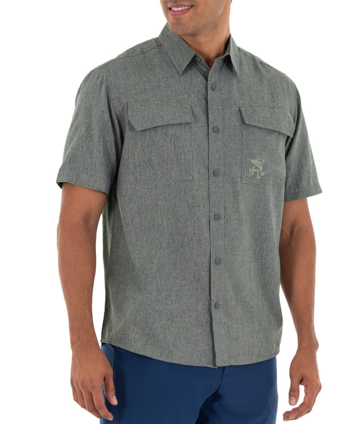 Guy Harvey Men's Heathered Short Sleeve Button Down Fishing Shirt Grey Small